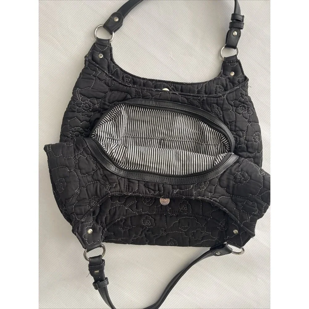 Thirty One Shoulder Bag Womens Black Flower‎ Poppy Quilted Hobo Purse 3 Sections